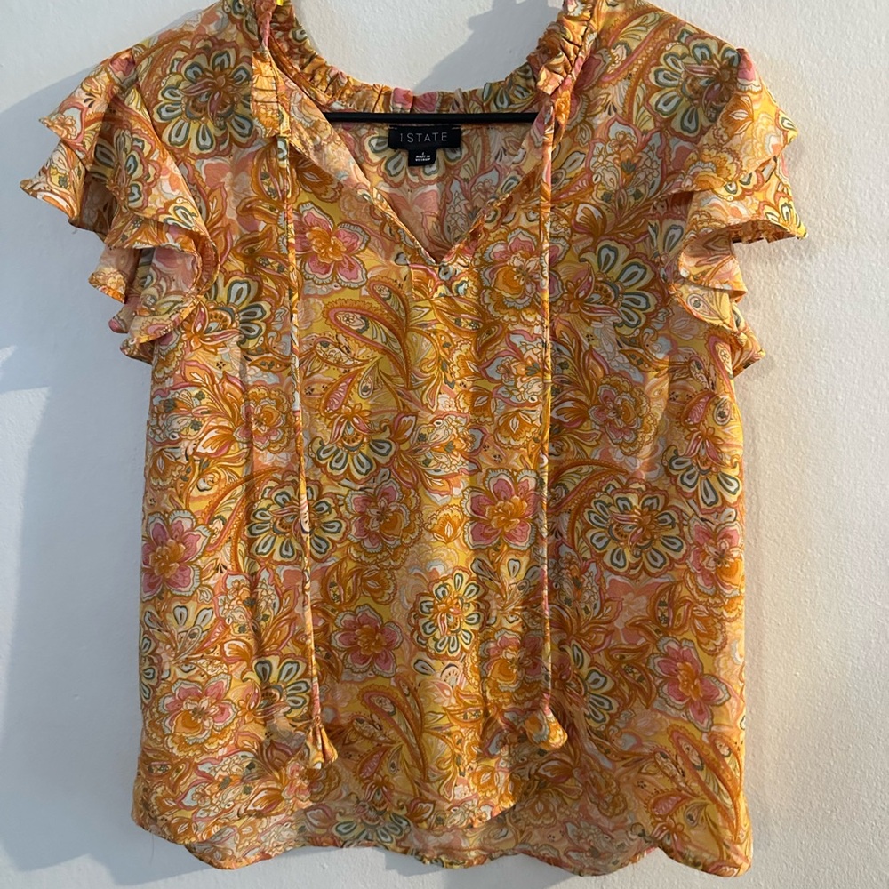 I STATE Women's Floral Ruffle Top - Orange and Pink